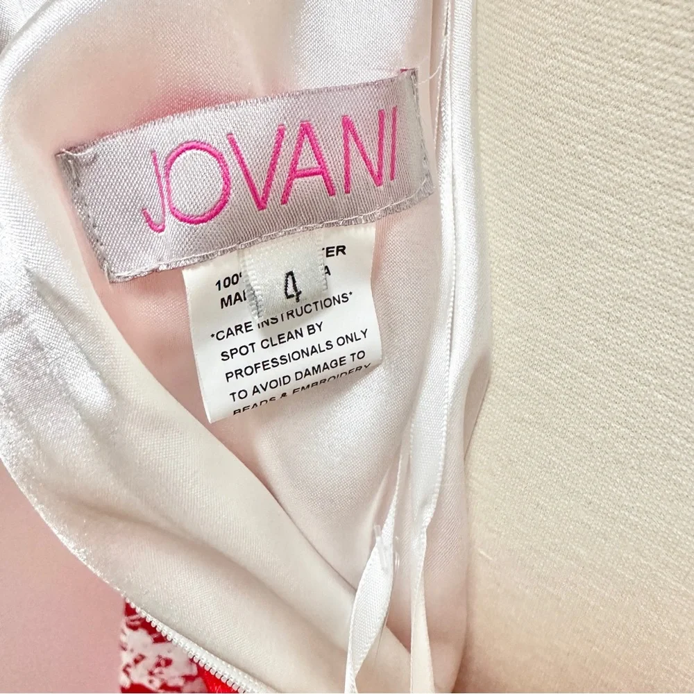JOVANI Red and White Print Backless A-Line Evening Gown - Picture 16 of 16